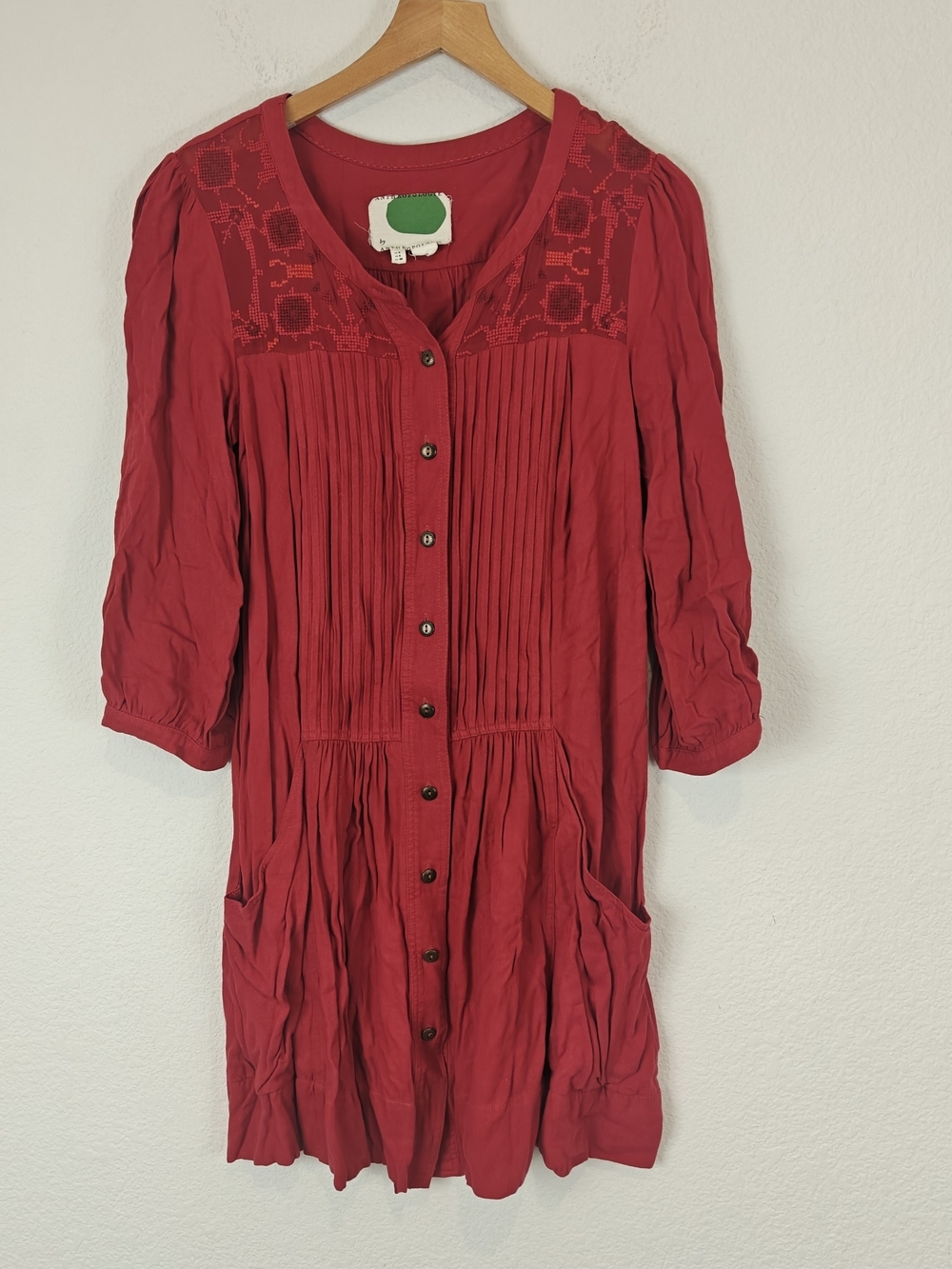 Anthropologie Rusty Red Embroidered Tunic Dress Size 4 Boho Pintuck Lace Pockets